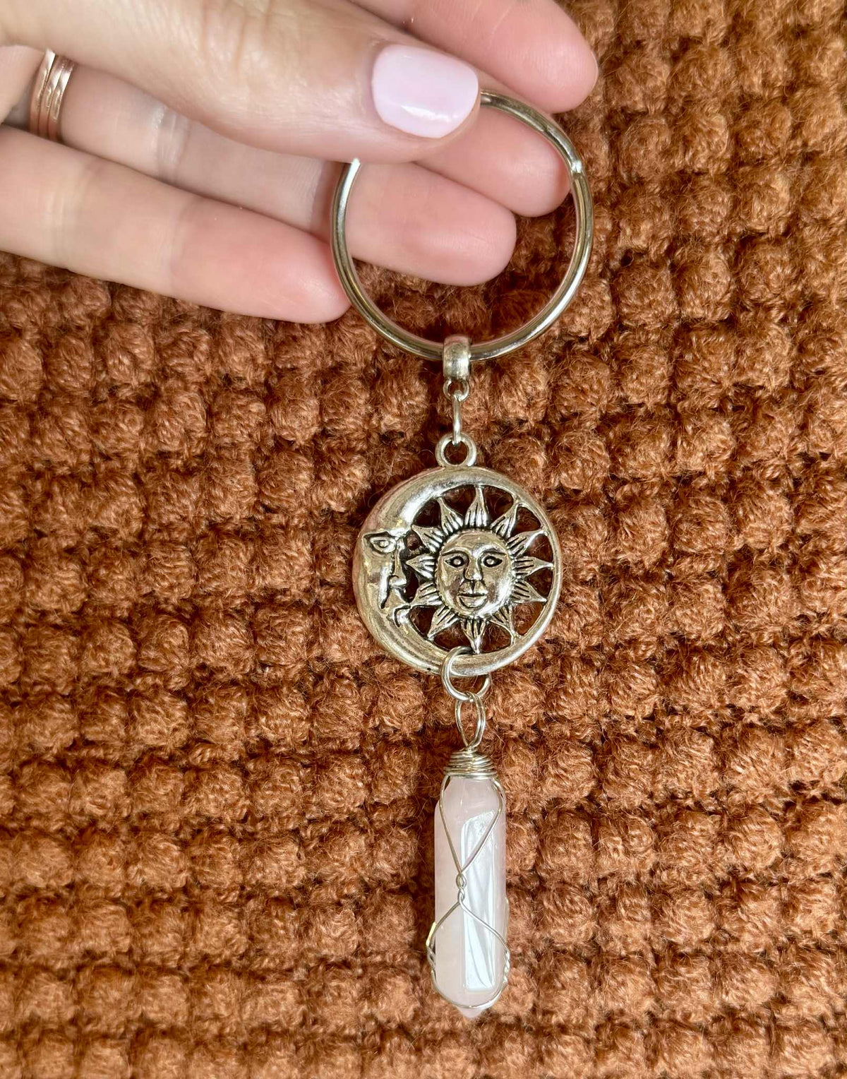 Sun & Moon Keychain with Rose Quartz Point