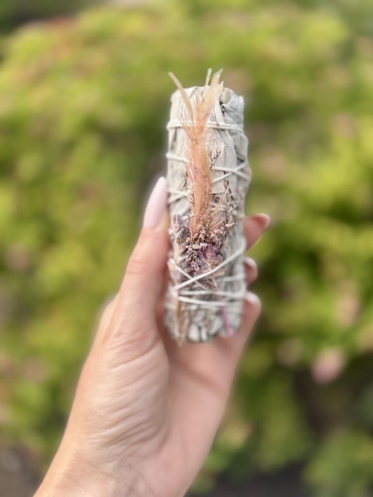 White Sage with pink decorative flowers & herbs